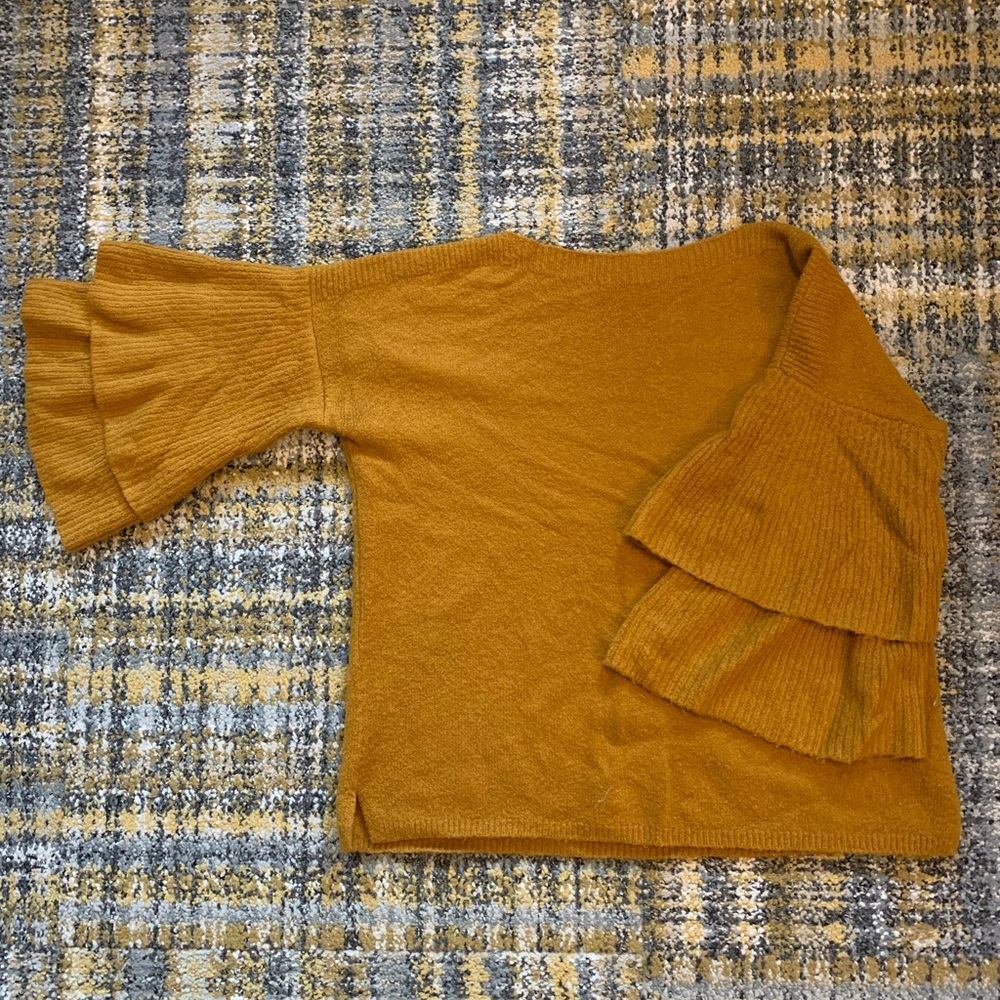 Madewell mustard sweater with slit collar and layered flutter sleeves